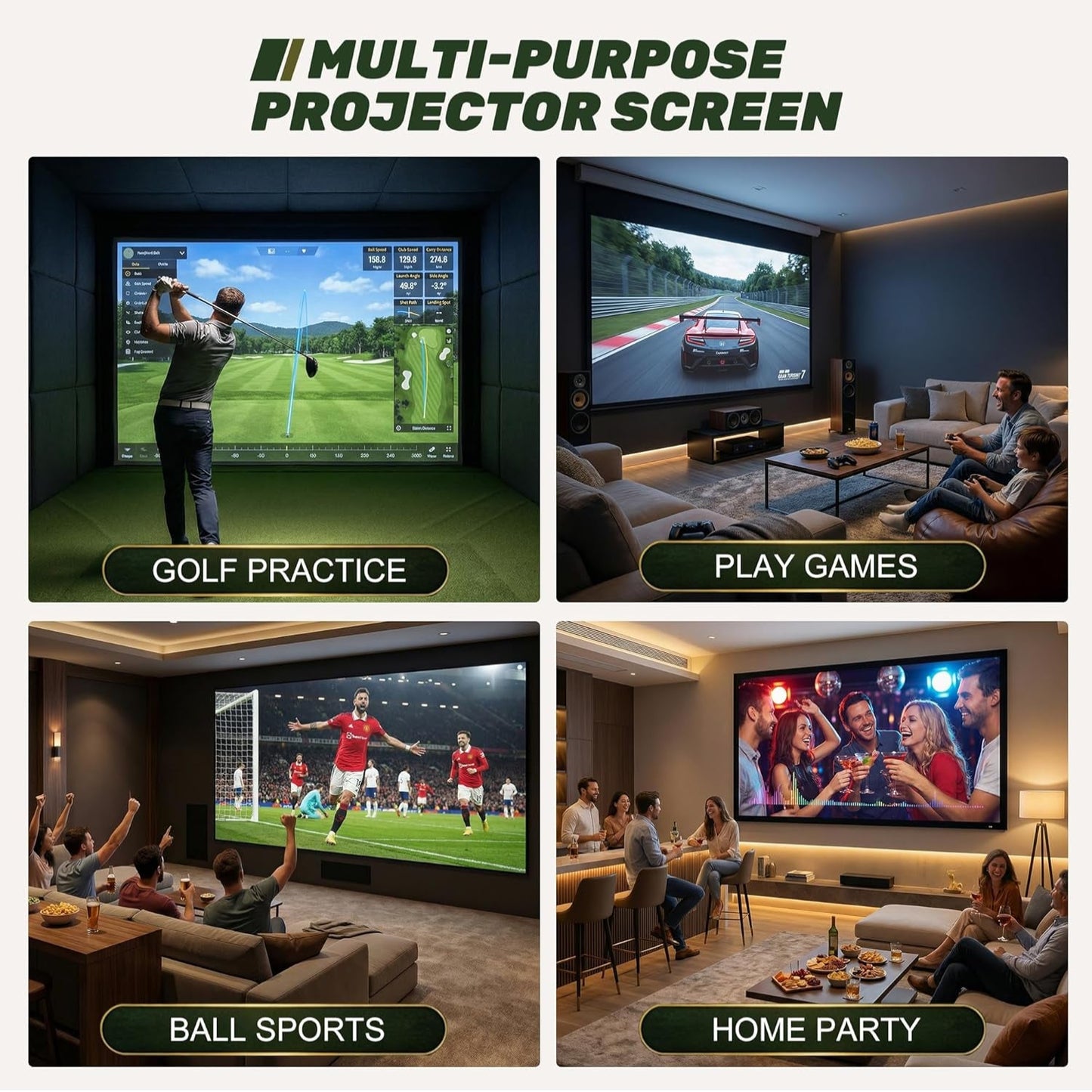 Golf Impact Screen, 3D Air Mesh Golf Simulator Impact Screen, Thicken HD Projector Screen for Hitting Training Practice Home/Indoor/Outdoor with Webbing Buckles & Bungee Cords