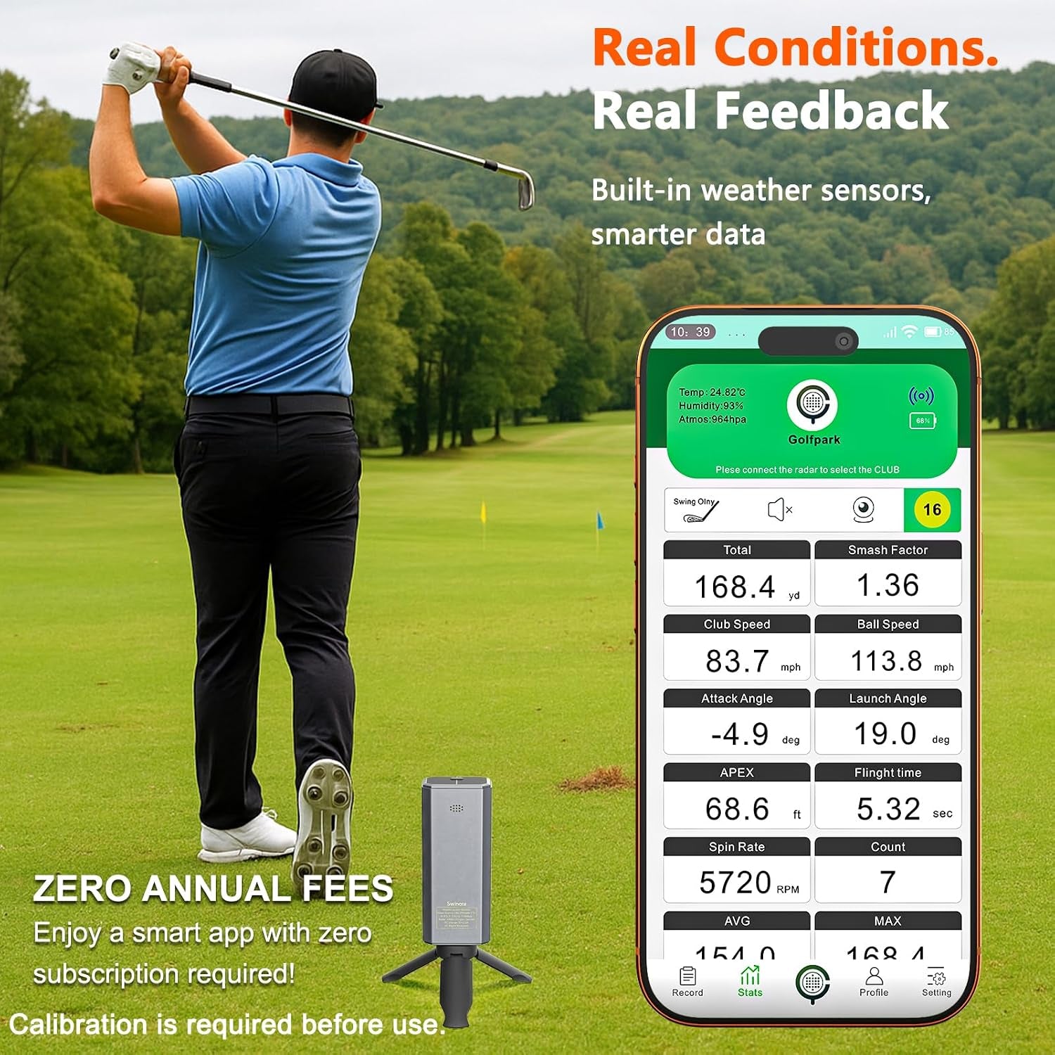 Golf Launch Monitor & Simulator: Portable Swing Analyzer with 13 Metrics, 3D Driving Range, 3D Trajectory & Video Record for Ios/Android