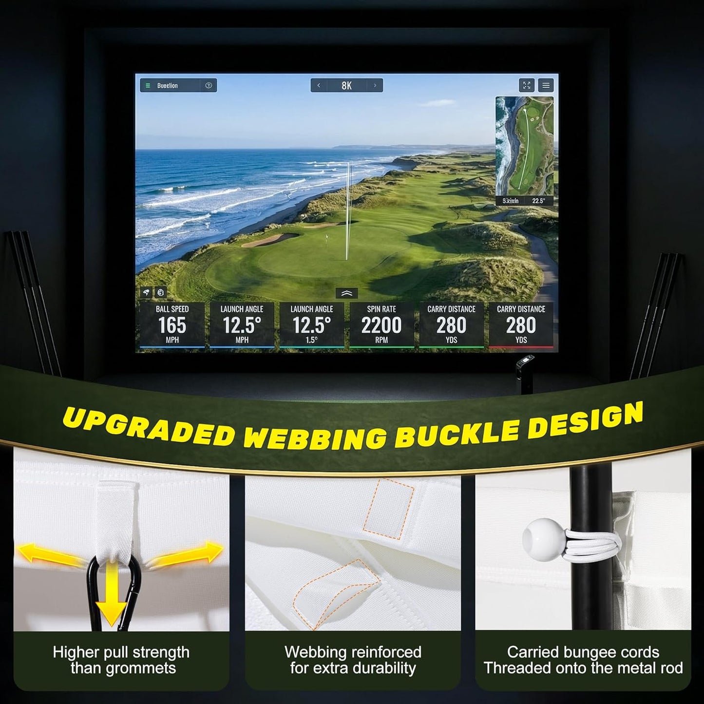 Golf Impact Screen, 3D Air Mesh Golf Simulator Impact Screen, Thicken HD Projector Screen for Hitting Training Practice Home/Indoor/Outdoor with Webbing Buckles & Bungee Cords