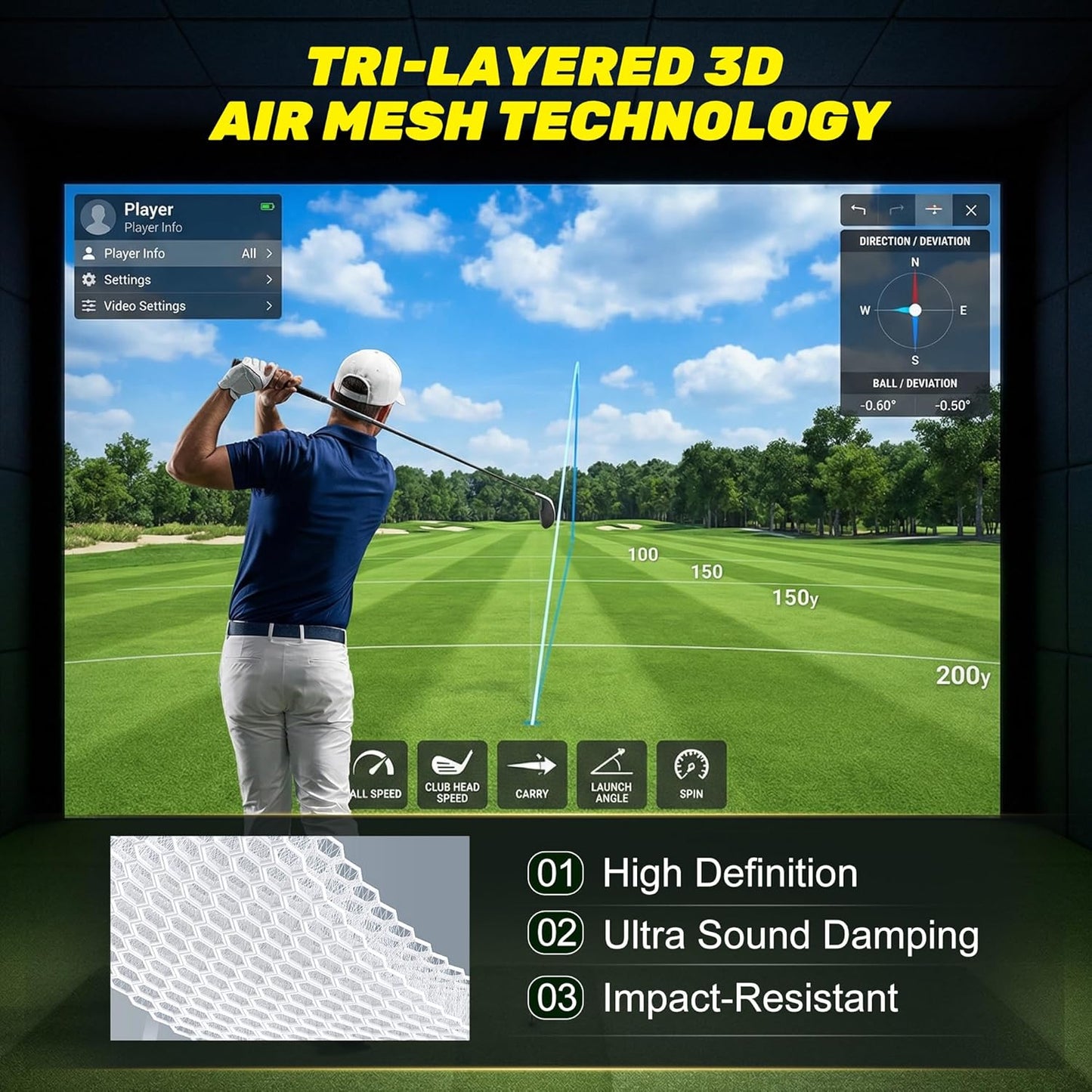 Golf Impact Screen, 3D Air Mesh Golf Simulator Impact Screen, Thicken HD Projector Screen for Hitting Training Practice Home/Indoor/Outdoor with Webbing Buckles & Bungee Cords