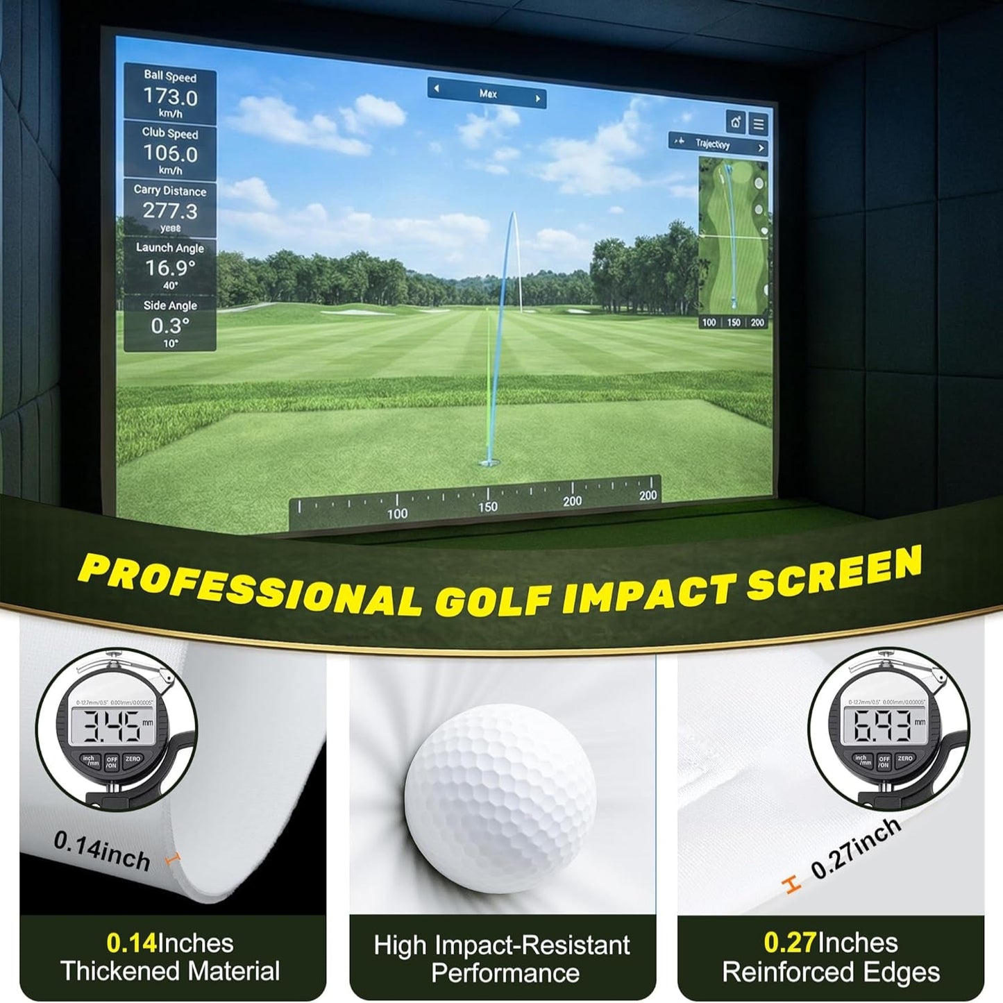 Golf Impact Screen, 3D Air Mesh Golf Simulator Impact Screen, Thicken HD Projector Screen for Hitting Training Practice Home/Indoor/Outdoor with Webbing Buckles & Bungee Cords