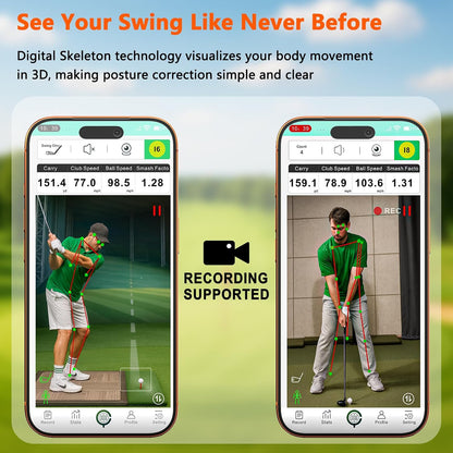 Golf Launch Monitor & Simulator: Portable Swing Analyzer with 13 Metrics, 3D Driving Range, 3D Trajectory & Video Record for Ios/Android